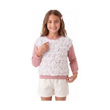 Onloox Kız Çocuk Gülkurusu Kız Gülkurusu Pamuklu Bisiklet Yaka Regular Organze Kabartmalı Gül Detaylı Sweatshirt 6-12 Yaş