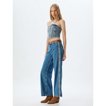 Koton Geniş Paça Kot Pantolon Bol Kalıp Şerit Detaylı Düğmeli Cepli - Wide Leg Jean Orta İndigo 5wal40096md İndigo