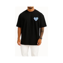 Bahriyeli Collection Oversize Flag Of Greece Graphy, Greece Cep Ve Sırt Tasarımlı Unisex T-shirt SIYAH