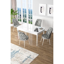 Canisa Concept Zen Serisi 80x132 Mdf Açılabilir Beyaz Masa Takımı Ve 4 Zebra Sandalye Masa Beyaz 4 Zebra Desen Sandalye