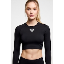 Premium Gotik Model2 Siyah Uzun Kol Compression Kadın Crop T-shirt Spor Büstiyer Bluz Yoga Pilates Siyah