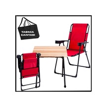 2 Adet Katlanır Kamp Sandalyesi Ve Masa Seti - Rest - Taşıma Çantalı - Kırmızı - 130 K Kırmızı