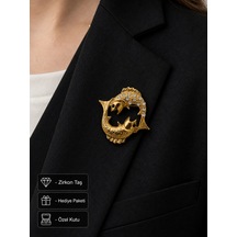 Hediye Balık Burcu Kadın Broş Gold Renk Zirkon Taşlı Rozet Açık Gri