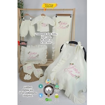Gros Shop Müslin Yeni Doğan 4katlı Organik %100pamuk Kişiye Özgü Nakışlı Hastane Çıkış Seti Güllü Model-2 Ekru