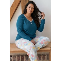 Siyah İnci Yeşil Desenli Düğmeli Büyük Beden Battal Boy Viskon Örme Pijama Takım 26224802