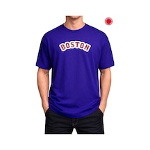Kırmızı Boston Baskılı Saks Mavi Oversize Tişört - %100 Pamuk Saks Mavi
