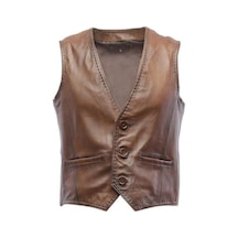 Hakiki Kuzu Derisi Kahverengi Henry Erkek Deri Yelek Kahverengi