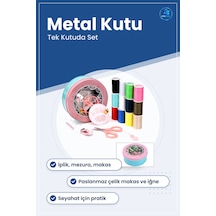 Dikiş Makinesi Aksesuarı Metal Kutulu Set İplik Mezura Tekstil Ma