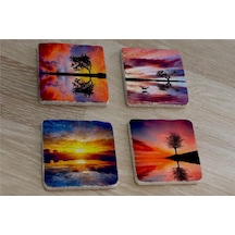 Gün Batımı Tek Ağaçlar Doğal Taş Bardak Altlığı 4'lü Set - Natural Stone Coasters - Taş Çok Renkli