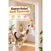 Kedi Oyuncağı Kapıya Asılan Vantuzlu İpli Çıngıraklı Tüylü Ponponlu Zıplama Ve Avlanma Oyuncağı