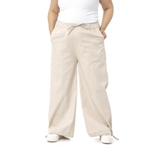Büyük Beden Geniş Paça Bağlama Detaylı Gabardin Bej Rengi Pantolon 001