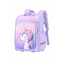 Unicorn 3D Desenli Kız Çocuk Kreş ve Anaokulu Okul Çantası Mor Açık Pembe