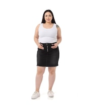Disentis Büyük Beden Eteği Püsküllü Düğme Detaylı Siyah Denim Mini Etek-siyah Siyah