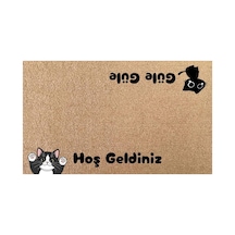 Eldione Kaymaz Tabanlı Baskılı Şık Kapı Önü Paspası 45x70 Cm Coco Hasır Görünümlü Velür Kedi Paspası Bej