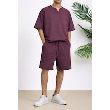 Erkek Oversize Şort Takım V Yaka Yırtmaçlı Tişört Rahat Kesim Yazlık Takım Bordo Bordo