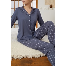 Siyah İnci Gömlek Yaka Düğmeli Milan Örme Pijama Takım25224010 İndigo