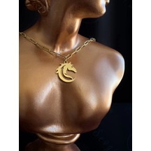 Paperclip Ataş Model Zincir At Charmlı Gold Çelik Kolye Tulpar Serisi Gold