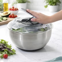 Paslanmaz Çelik Salata Kurutucu Salad Spinner Kapaklı Süzgeç Sepetli, Kaymaz Taban, Hızlı K Kahverengi