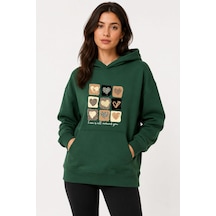 Herkesemoda Küçük Leopar Kalpler Baskılı Kapüşonlu 2 İplik Şardonlu Sweatshirt Yeşil