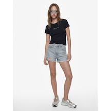 Koton Yüksek Bel Yıpratma Detaylı Taşlı Mini Denim Şort Orta İndigo 6sal40241md