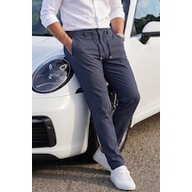 Rizzup Erkek Slim Fit Çizgili Koyu Lacivert Kumaş Pantolon İpli Esnek Bel Likralı Spor Pantolon 2700240