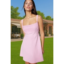 Ersefa A Line Kolsuz Mini Elbise Polyester Elastan Yazlık Şık Abiye Tren Pembe