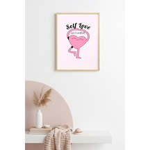 Doğal Ahşap Çerçeveli Self Love Kalp Tablo - Retro Pop Art Tasarım Huhu2748