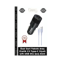 Özel Seri Teknik Araç Pratik C3 Type-c Siyah Çift Usb Oto Şarj Aleti