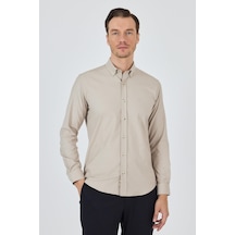 İmza Uzun Kol Düz Bez Ayağı Düğmeli Yaka Cepsiz Pamuklu Casual Slim Fit Gömlek 1004250212 Bej