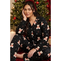 Siyah İnci Yılbaşı Temalı Desenli Termal Kumaşlı Ultra Soft Yumuşak Büyük Beden Battal Boy Düğmeli Örme Pijama Takımı 26226507 Siyah