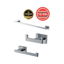 Çelik Banyo Paslanmaz Pirinç Banyo Aksesuar 3'lü Set Kenzo Havluluk Tuvalet Kağıtlık Askılık Krom