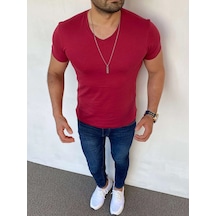 Modefendi Slim Fit Pamuk Likra Basic V Yaka Tshırt Bordo