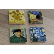 Van Gogh Yıldızlı Gece Ve Eserleri Doğal Taş Bardak Altlığı 4'lü Set - Natural Stone Coasters - Taş Çok Renkli