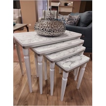 Akset 4lü Lüx Zigon Sehpa Beyaz Mermer Gümüş