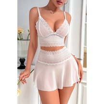 Ang Butik Kadın Beyaz Dantel Ve Tül Detaylı Etekli Şık Gecelik Takımı