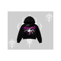 Tarzsokak Beyaz Crop Kapşonlu Sweatshirt Autumn Spider Siyah