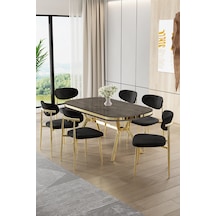 Canisa Olya Serisi 90x168 Lak Panel Antrasit İroni Masa Takımı Gold Ayaklı 6 Siyah Sandalye Antrasit İroni Masa Siyah Sandalye