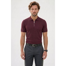 Tudors Erkek Slim Fit Dar Kesim Pamuklu Örme Triko Fermuarlı Bordo Polo Yaka Tişört-42601