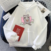 Beyaz Sevimli Rakun Yeme Kabarcık Süt Çay Hoodies Rahat Kawai Beyaz