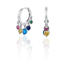 Oya Silver Çoklu Renkli Yuvarlak Zirkon Sallantılı İnce Gümüş Halka Küpe 2.3 X 1.7 Cm Oysy290