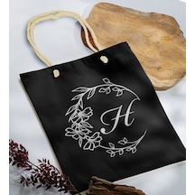 Bk Gift Kişiye Özel Harfli Siyah Halat Saplı Kumaş Bez Çanta-4, Baskılı Omuz Çantası, Alışveriş Çantası