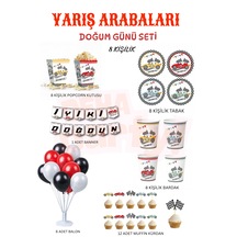 Yarış Arabaları Temalı Mini Doğum Günü Seti 8 Kişilik Parti Seti Banner Balon Tabak Bardak Popcorn 6