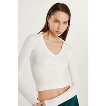 Tudors Kadın Slim Fit Dar Kesim V Yaka Ekru Bluz-33888