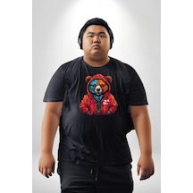Angemiel Kırmızı Hoodie Ayı Siyah Büyük Beden Erkek Kadın Unisex Basic Ön Baskılı Tişört Siyah