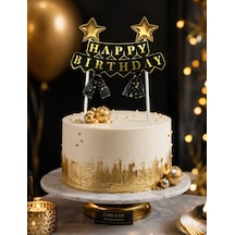 Pasta Üstü Çubuklu Happy Birthday Yıldızlı Tüllü Siyah Süs Doğum Günü Parti Dekoru +3