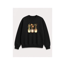 Herkesemoda Kavanoz Çiçek Baskı Detaylı Şardonlu 2 İplik Bisiklet Yaka Sweatshirt Siyah