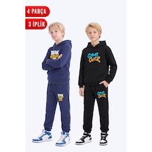 Panios Kids 3 İplik Baskılı Kışlık Kanguru Cepli Kapüşonlu Erkek Çocuk 2'li Eşofman Takımı 4 Parça Lacivert-siyah-2