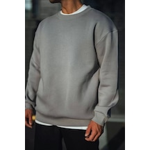 Kışlık Bisiklet Yaka Üç İplik Basic Sweatshirt - Boyalı Gri Boyalı Gri