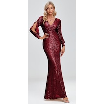 Hanife Glam Couture Hanife Glam Uzun Kollu Kruvaze Yaka Pullu Abiye Elbise Bordo