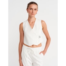 Dilvin 60597 Asimetrik V Yaka Çizgili Blazer Yelek-beyaz Beyaz